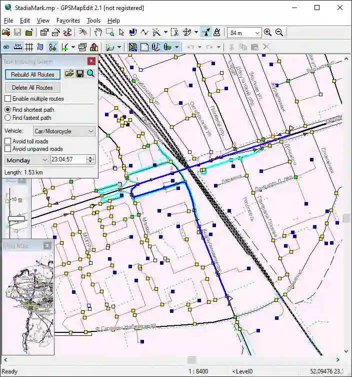 the original OSM route is in red, blue after simplification